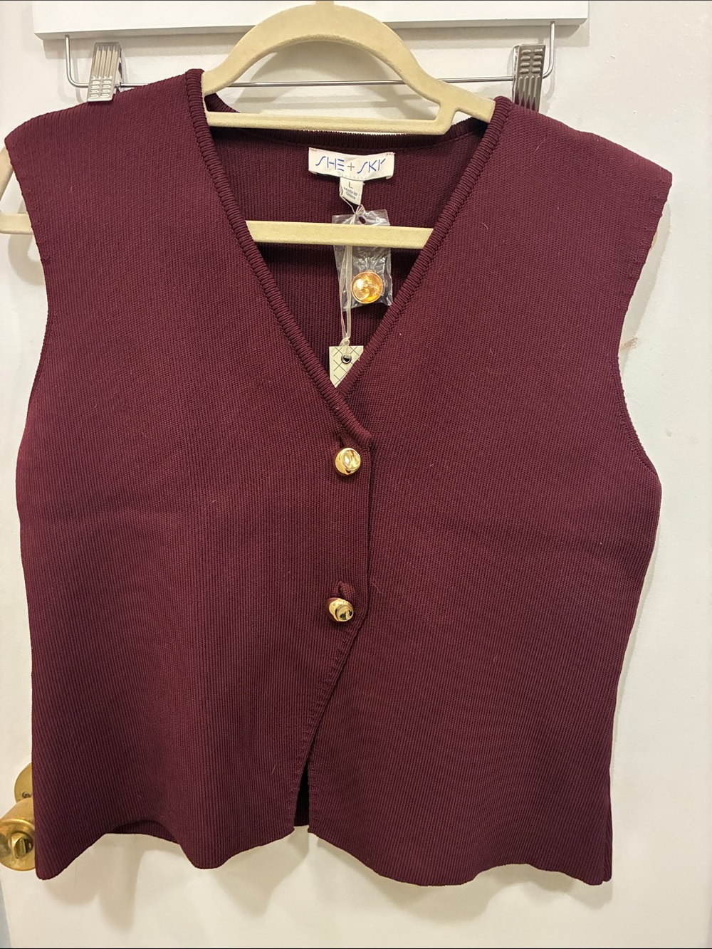 Sleeveless Knit Waistcoat - Asymmetrical Cut Burgundy W/Gold Buttons - Preppy